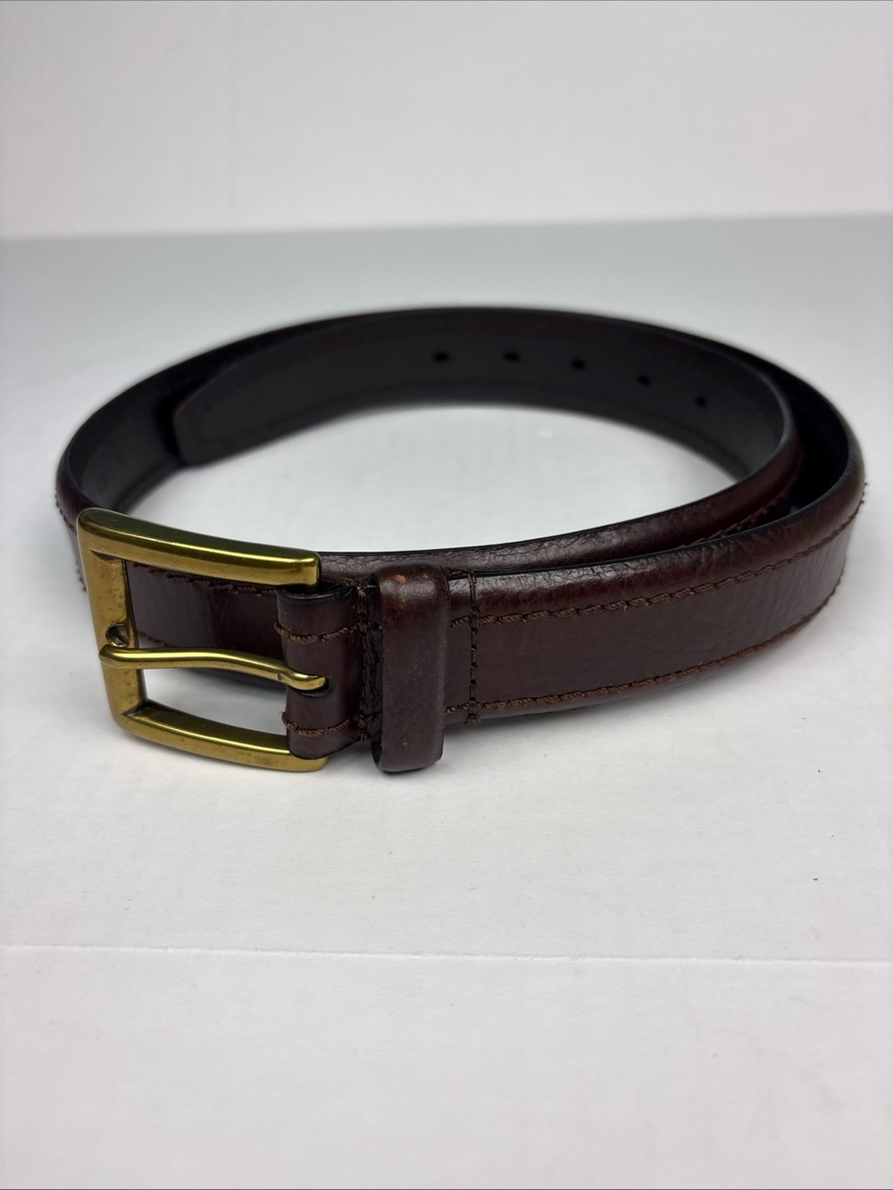 Leather Men Size 36 Belt Dark Brown Gold Tone Brass Buckle Full Grain Cowhide